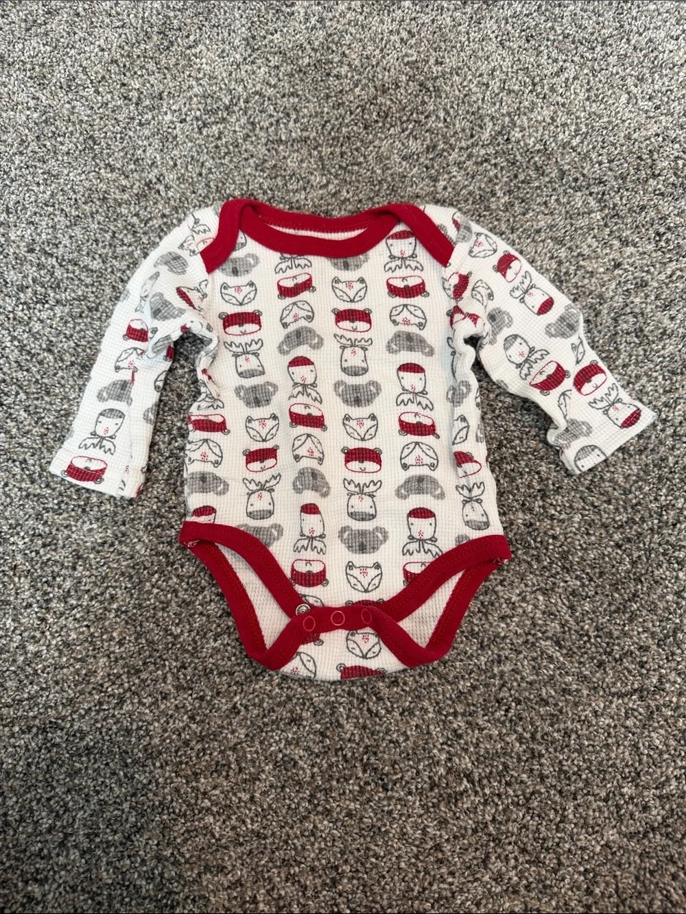 Red-Trim Fox Print Waffle Knit Baby One-Piece